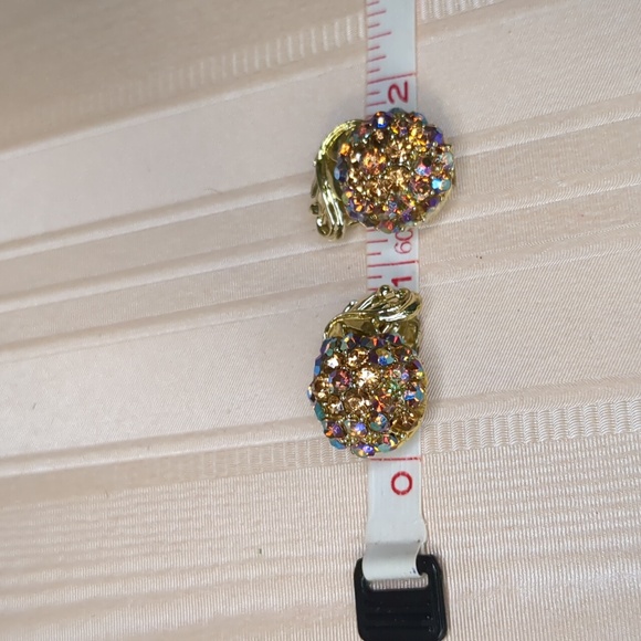 Vintage 60s Ab Crystal Earrings Peach Fruit Clip-on Mid Century - Picture 10 of 10